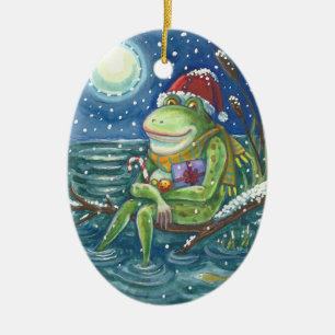 Décoration En Céramique GRENOUILLE PÈRE NOËL SUR le vers d'ORNEMENT de