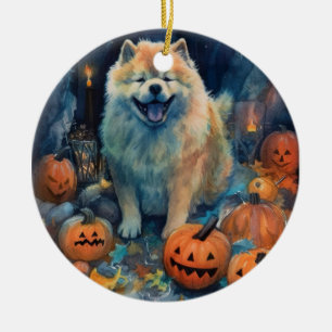 Décoration En Céramique Halloween Chow Chow Avec La Peur Citrouille