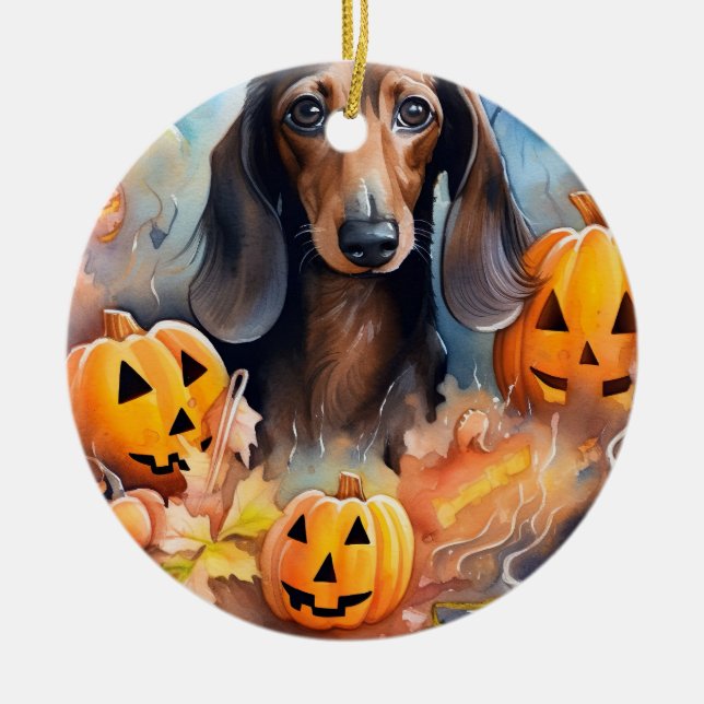 Décoration En Céramique Halloween Dachshund Avec La Peur Citrouille (Devant)