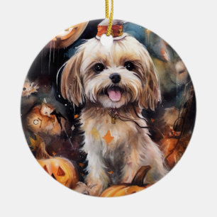 Décoration En Céramique Halloween Lhassa Apso Avec Peur Citrouille
