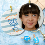 Décoration En Céramique Hanoukka Menorah Photo Blue Orange<br><div class="desc">Changez vos souhaits Hanoukka avec ce design moderne rayé Menorah. Toujours dans les couleurs traditionnelles de saison. La Menorah bleue est orangée de flammes. Blues et oranges. Il y a un endroit pour votre propre photo personnelle ou de famille,  moderne et simple accueil Hanoukka.</div>