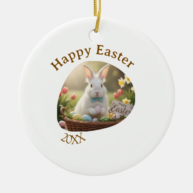 Décoration En Céramique Happy Easter white bunny year photo family name  (Devant)