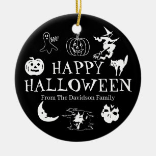Décoration En Céramique Happy Halloween nom personnalisé noir et blanc d