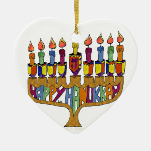 Décoration En Céramique Happy Hanukkah Dreidels Menorah