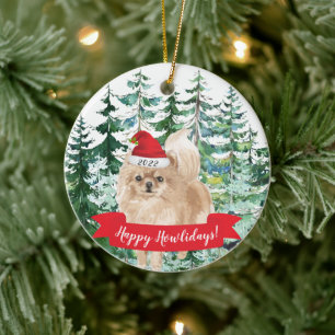 Décoration En Céramique Happy Howlidays Pomeranian  Dog Christmas Ornament