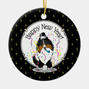 Décoration En Céramique Happy New Year Shetland Sheepdog (tri color) Cute