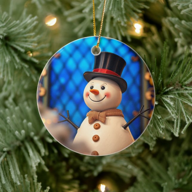 Décoration En Céramique Happy Snowman Christmas Ornament Blue Faux Stained (Arbre)