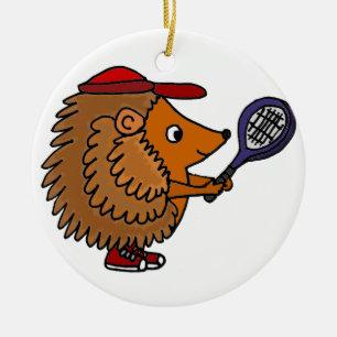Décoration En Céramique Hérisson drôle avec la raquette de tennis bleue