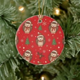 Décoration En Céramique Hérissons Mignons de Noël Motif Rouge Vert