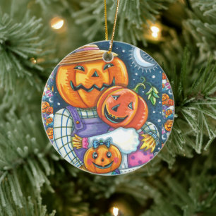 DÉCORATION EN CÉRAMIQUE HEUREUSE FAMILLE JACK-O'-LANTERN, COLORÉE ET MORTE