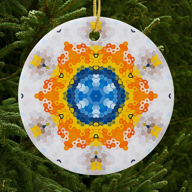 Décoration En Céramique Hex Mandala bleu jaune orange et blanc (Blue Yellow Orange and White Hexagon Mandala Christmas Ornament from Wormhole Orbital)