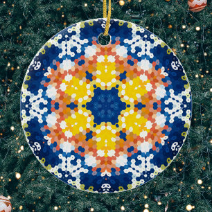 Décoration En Céramique Hex Mandala bleu jaune orange et vert