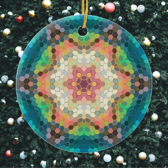 Décoration En Céramique Hex Mandala bleu vert et rose (Blue Green and Pink Hexagon Mandala Christmas Ornament from Wormhole Orbital)