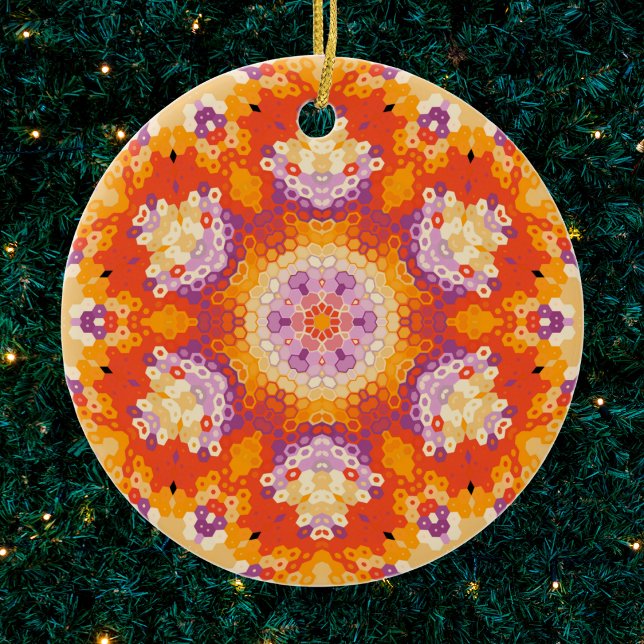 Décoration En Céramique Hex Mandala orange violet blanc (Orange Purple and White Hexagon Mandala Ornament by Wormhole Orbital)