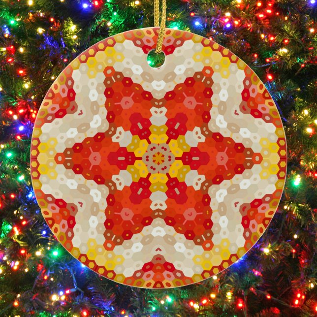 Décoration En Céramique Hex Mandala rouge et jaune (Red and Yellow Hexagon Mandala Ornament from Wormhole Orbital)