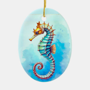 Décoration En Céramique Hippocampe à l'aquarelle sur turquoise 