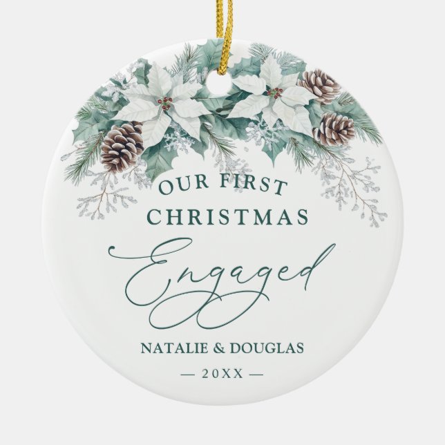 Décoration En Céramique Hiver Poinsettia Pine Notre 1er Noël Engagé (Devant)