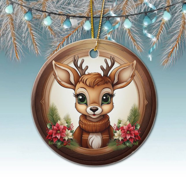 Décoration En Céramique Holiday Reindeer Festive poinsettia flower 🦌🎄 (Holiday Reindeer Festive poinsettia flower Ceramic Ornament Cute Winter Woodland Wildlife Deer 🦌🎄)