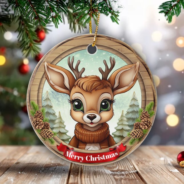 Décoration En Céramique Holiday Reindeer Festive Rustic Christmas 🦌🎄 (Customizable Festive Rustic Pinecone Wooden Frame Holiday Reindeer Christmas Ceramic Ornament 🦌🎄)