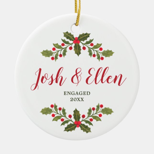 Décoration En Céramique Holly Berries Greenery Personalized Engagement (Devant)