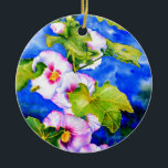 Décoration En Céramique Hollyhocks<br><div class="desc">original romantic hollyhock with little bumble bee watercolor painting by H Cooper</div>