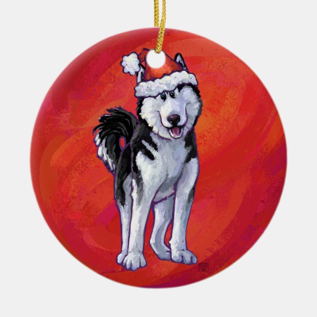 Décoration En Céramique Husky à Santa Hat Sur Rouge (Devant)