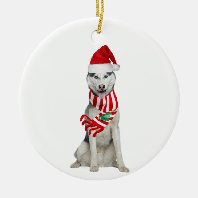 Décoration En Céramique Husky avec Scafe Casquette Noël (Devant)