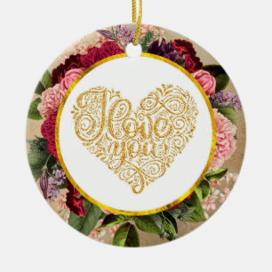 Décoration En Céramique I Love You Fancy Golden Heart with Floral Frame