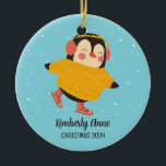 Décoration En Céramique Ice Skating Penguin Christmas Snowy Winter Holiday<br><div class="desc">Cute cartoon animal ornament for kids and children. Perfect for first Christmas celebration with family. You can customize the text for any occasion.</div>