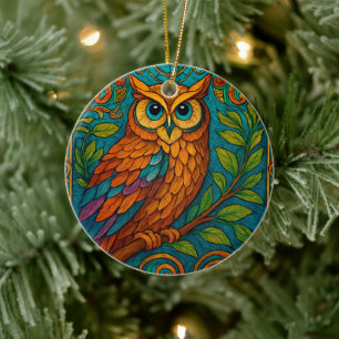 Décoration En Céramique Illustration de chouette d'art folklorique mystiqu