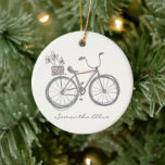 Décoration En Céramique Illustration du vélo lunaire Lilac Gris personnali<br><div class="desc">Cet élégant ornement d'arbre de Noël présente une illustration fantaisiste d'un mignon vélo en lavande et gris avec un panier de fleurs. Personnalisez-le avec votre nom. Super idée cadeau !</div>