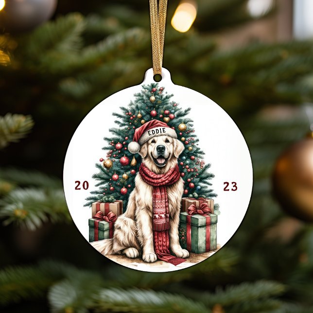 Décoration En Céramique Illustration Golden Retriever Décor Arbre de Noël (Beautiful Customizable Christmas Ornament with Golden Retriever in Vibrant Watercolor Design Cute )