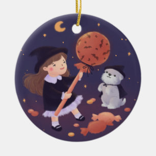 Décoration En Céramique Illustration Halloween Witch Girl & Puppy
