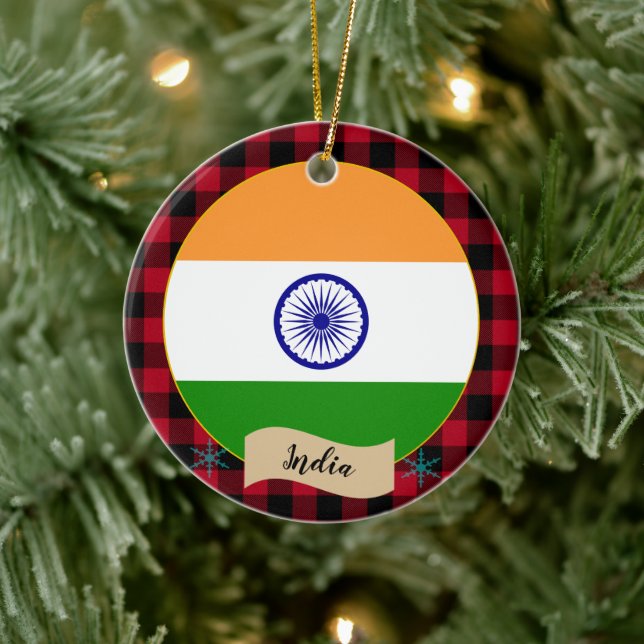 Décoration En Céramique Inde, Plaid de buffle rouge et drapeau indien (Arbre)