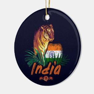 Décoration En Céramique Inde Tigre Vintage Avec Drapeau Souvenir Rétro Lot
