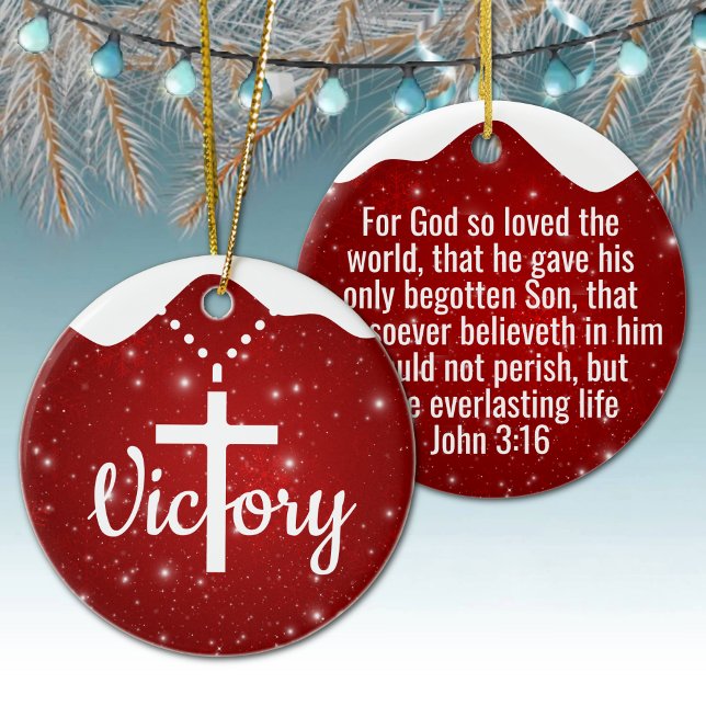 Décoration En Céramique Inspirational Victory Cross Christian Decor  ⛪️ 🎄 (Customizable inspirational victory cross christian decor. Custom berry red Christmas ornament. 🎄✝)