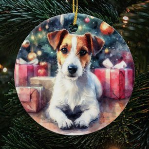 Décoration En Céramique Jack Russell Terrier Aquarelle Scène Noël