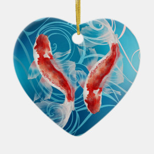 Décoration En Céramique Japonais Koi Poisson Oriental Vagues Couples Noël