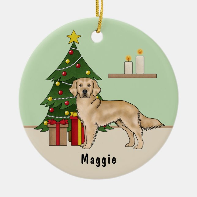 Décoration En Céramique Jaune Golden Retriever Chien avec arbre de Noël (Devant)