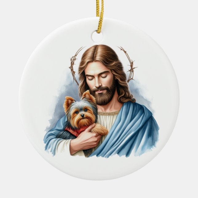 Décoration En Céramique Jésus avec Yorkie 1er Noël au ciel (Devant)
