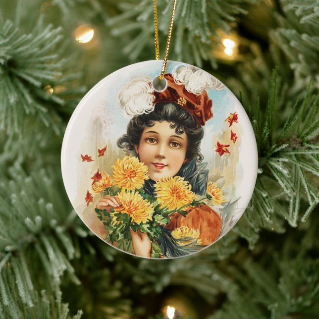 Décoration En Céramique Jeune femme avec chrysanthèmes jaunes (Arbre)