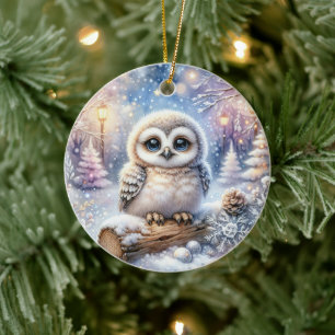 Décoration En Céramique Jeune Hibou sous la Lumière de la Neige