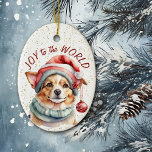 Décoration En Céramique Joie du chien de Corgi mignonne au monde<br><div class="desc">Sur le devant de cet ornement de vacances est une image mignonne d'un chien Corgi habillé d'un casquette du Père Noël avec des ornements suspendus. Derrière l'image se trouve un arrière - plan à confettis doré. Le texte rouge dit "Joy to the World". Le dos de l'ornement a le même...</div>