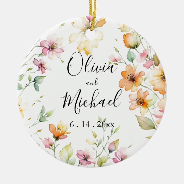 Décoration En Céramique Joli Boho Orange rose Aquarelle Fleurs sauvages (Devant)