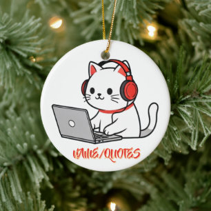 Décoration En Céramique Joli Chat Blanc avec Casque Rouge sur Ordinateur P