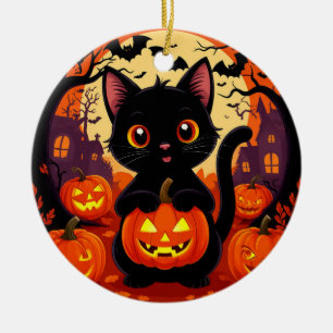Décoration En Céramique Joli chat noir avec des citrouilles d'Halloween