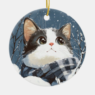 Décoration En Céramique Joli chat pelucheux neige d'hiver