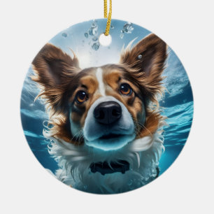 Décoration En Céramique Joli chien blanc Brown sous l'eau
