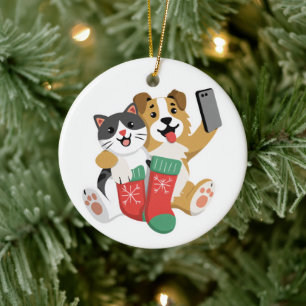 Décoration En Céramique Joli chien et chat de Noël en selfie – Vacances dr