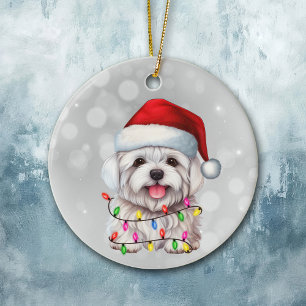 Décoration En Céramique Joli chien maltais enveloppé de guirlandes de Noël